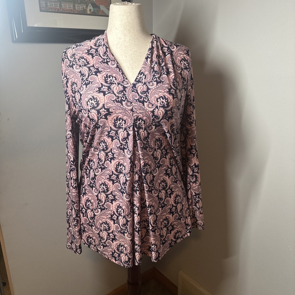 Suzanne Betro Tunic Women Top Large Pink Navy Paisley‎ V Neck Long Bell Sleeve
